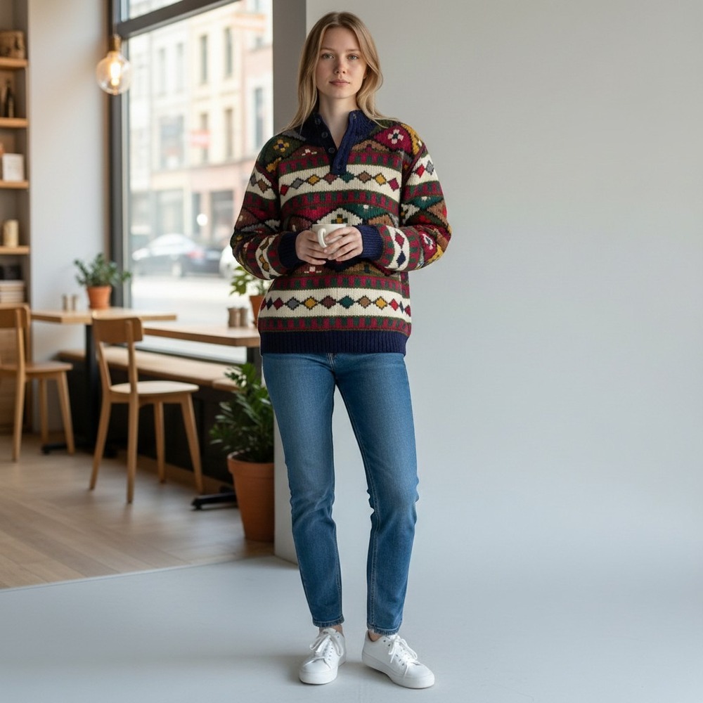 River Trader Vintage 100% Shetland Wool Fair Isle Sweater Navy Multi Color Small